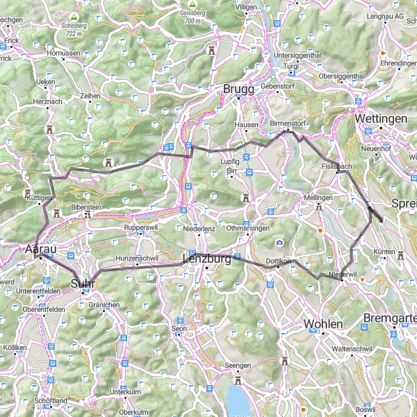 Miniatura della mappa di ispirazione al ciclismo "Giro delle Città Medie" nella regione di Nordwestschweiz, Switzerland. Generata da Tarmacs.app, pianificatore di rotte ciclistiche