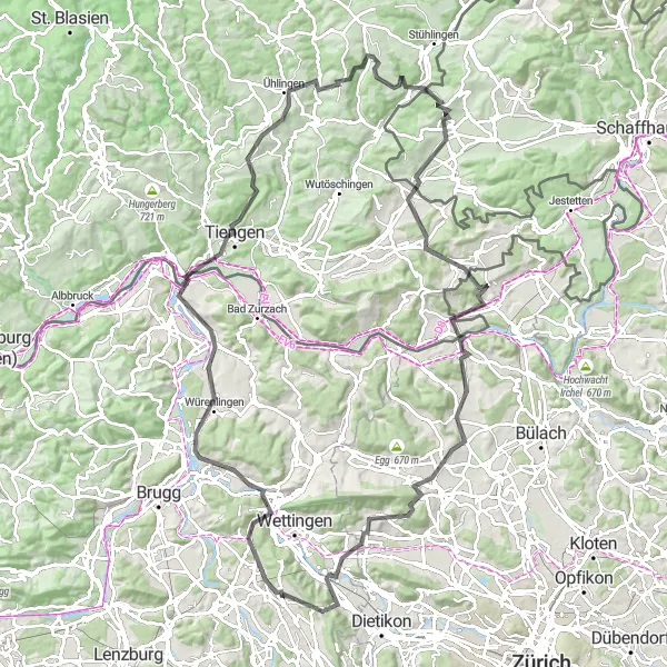 Miniaturní mapa "Cyklotrasa kolem Badenu" inspirace pro cyklisty v oblasti Nordwestschweiz, Switzerland. Vytvořeno pomocí plánovače tras Tarmacs.app