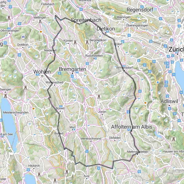 Miniature de la carte de l'inspiration cycliste "Boucle cycliste à travers la campagne suisse" dans la Nordwestschweiz, Switzerland. Générée par le planificateur d'itinéraire cycliste Tarmacs.app