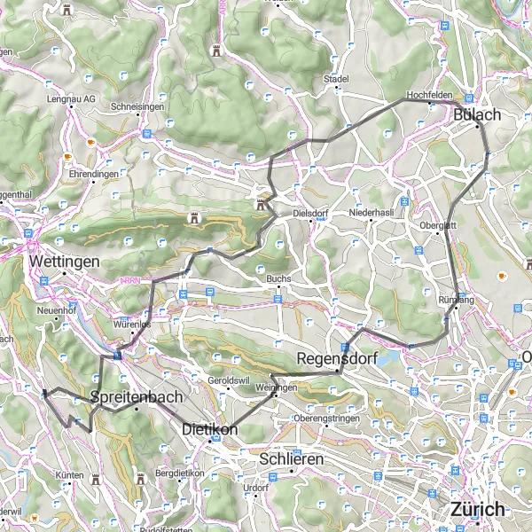Map miniature of "Bülach Loop" cycling inspiration in Nordwestschweiz, Switzerland. Generated by Tarmacs.app cycling route planner