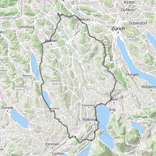 Karttaminiaatyyri "Reitti Oberrohrdorf - Heitersbergpass - Spreitenbach - Uetliberg - Stallikon - Goom - Hausen am Albis - Schloss St. Andreas - Buchrain - Baldeggersee - Aesch LU - Villmergen - Stetten" pyöräilyinspiraatiosta alueella Nordwestschweiz, Switzerland. Luotu Tarmacs.app pyöräilyreittisuunnittelijalla