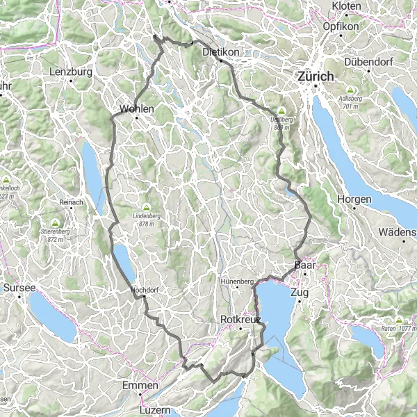 Kartminiatyr av "Heitersbergpass til Baldeggersee via Uetliberg" sykkelinspirasjon i Nordwestschweiz, Switzerland. Generert av Tarmacs.app sykkelrutoplanlegger