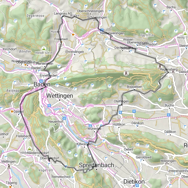 Karttaminiaatyyri "Reitti Oberrohrdorf - Wasserturm Baldegg - Lengnau AG - Würenlos - Heitersbergpass - Remetschwil" pyöräilyinspiraatiosta alueella Nordwestschweiz, Switzerland. Luotu Tarmacs.app pyöräilyreittisuunnittelijalla