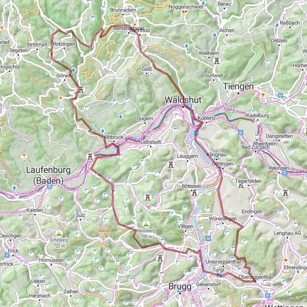 Map miniature of "Obersiggenthal Gravel Adventure" cycling inspiration in Nordwestschweiz, Switzerland. Generated by Tarmacs.app cycling route planner