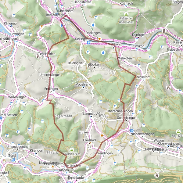 Mapa miniatúra "Malebná cyklotrasa Tegerfelden - Geissberg-Chänzeli" cyklistická inšpirácia v Nordwestschweiz, Switzerland. Vygenerované cyklistickým plánovačom trás Tarmacs.app