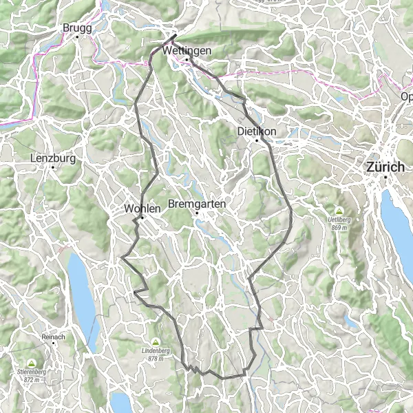 Karten-Miniaturansicht der Radinspiration "Road-Tour durch die Region Mellingen und Baden" in Nordwestschweiz, Switzerland. Erstellt vom Tarmacs.app-Routenplaner für Radtouren
