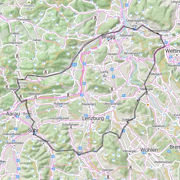 Miniaturní mapa "Silniční trasa s výhledem na Staffelegg" inspirace pro cyklisty v oblasti Nordwestschweiz, Switzerland. Vytvořeno pomocí plánovače tras Tarmacs.app