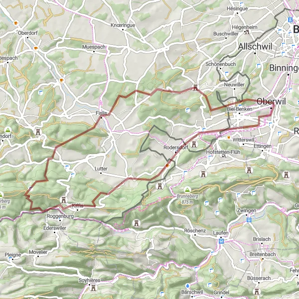 Miniatura della mappa di ispirazione al ciclismo "Avventura ciclistica sul Gravel attraverso Leymen e Hagenthal-le-Bas" nella regione di Nordwestschweiz, Switzerland. Generata da Tarmacs.app, pianificatore di rotte ciclistiche