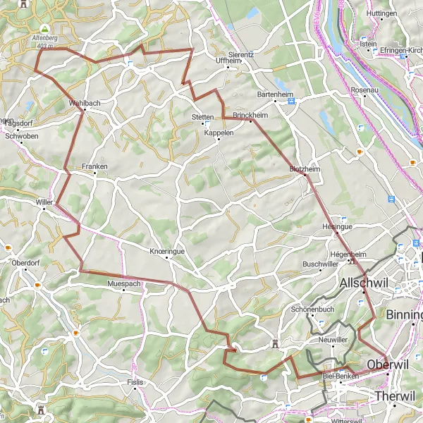 Map miniature of "From Oberwil to Wasserturm Allschwil" cycling inspiration in Nordwestschweiz, Switzerland. Generated by Tarmacs.app cycling route planner