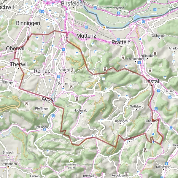 Miniatua del mapa de inspiración ciclista "Ruta de Grava Münchenstein - Therwil" en Nordwestschweiz, Switzerland. Generado por Tarmacs.app planificador de rutas ciclistas