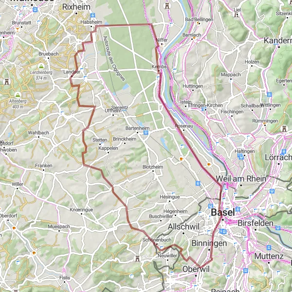 Map miniature of "Three Country Gravel Loop" cycling inspiration in Nordwestschweiz, Switzerland. Generated by Tarmacs.app cycling route planner