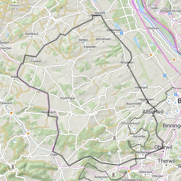Miniatua del mapa de inspiración ciclista "Recorrido en bici Liebenswiller - Wasserturm Allschwil" en Nordwestschweiz, Switzerland. Generado por Tarmacs.app planificador de rutas ciclistas