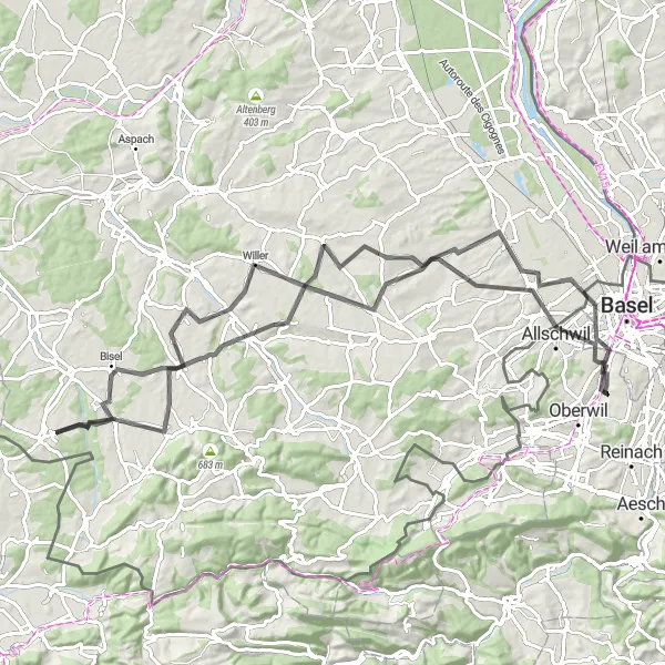 Zemljevid v pomanjšavi "Cestna kolesarska pot Allschwil - Iselin" kolesarske inspiracije v Nordwestschweiz, Switzerland. Generirano z načrtovalcem kolesarskih poti Tarmacs.app