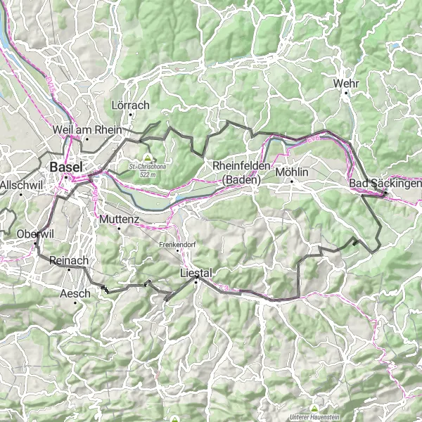 Kartminiatyr av "Bergig landsvägscykelväg till Bad Säckingen" cykelinspiration i Nordwestschweiz, Switzerland. Genererad av Tarmacs.app cykelruttplanerare