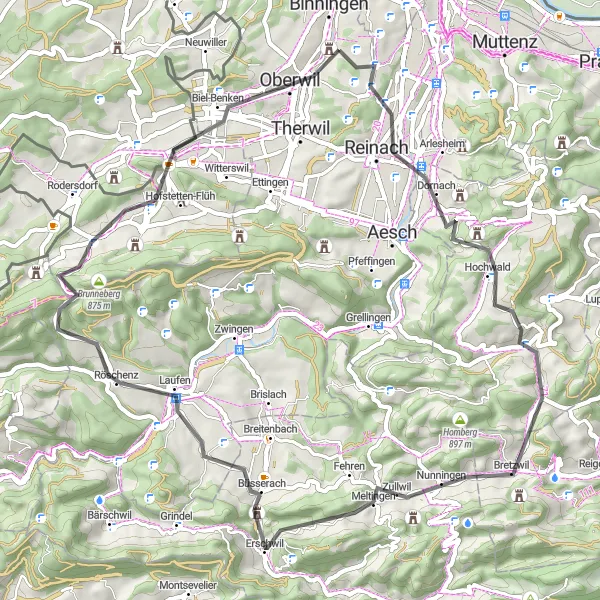 Miniature de la carte de l'inspiration cycliste "Les collines de l'Oberbaselbiet" dans la Nordwestschweiz, Switzerland. Générée par le planificateur d'itinéraire cycliste Tarmacs.app