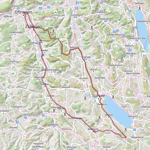 Map miniature of "Reitnau Loop" cycling inspiration in Nordwestschweiz, Switzerland. Generated by Tarmacs.app cycling route planner