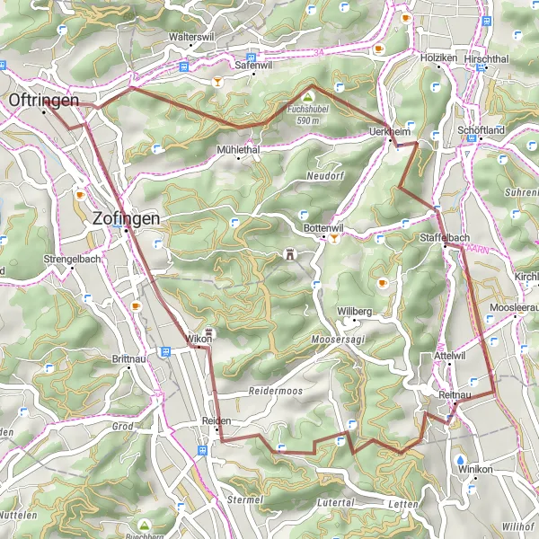 Miniatura della mappa di ispirazione al ciclismo "Avventura Gravel Safenwil - Reiden" nella regione di Nordwestschweiz, Switzerland. Generata da Tarmacs.app, pianificatore di rotte ciclistiche