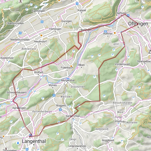 Kartminiatyr av "Naturskjønn reise fra Oftringen" sykkelinspirasjon i Nordwestschweiz, Switzerland. Generert av Tarmacs.app sykkelrutoplanlegger