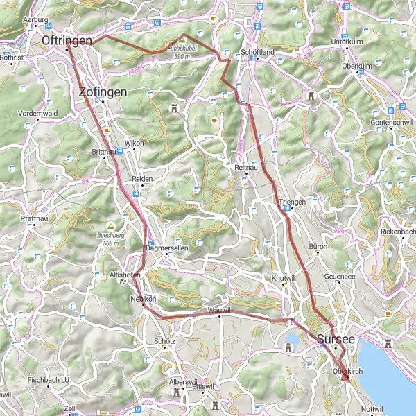 Karttaminiaatyyri "Fuchshubel ja Nebikon Gravel Pyöräilyreitti" pyöräilyinspiraatiosta alueella Nordwestschweiz, Switzerland. Luotu Tarmacs.app pyöräilyreittisuunnittelijalla