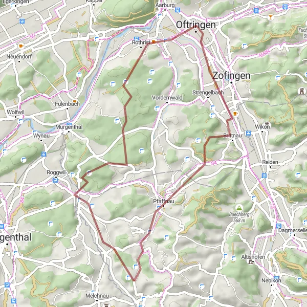 Mapa miniatúra "Kruhová cyklotrasa po štrkových cestách" cyklistická inšpirácia v Nordwestschweiz, Switzerland. Vygenerované cyklistickým plánovačom trás Tarmacs.app