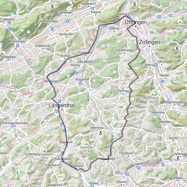 Karten-Miniaturansicht der Radinspiration "Aarwangen und Aare-Schleifen" in Nordwestschweiz, Switzerland. Erstellt vom Tarmacs.app-Routenplaner für Radtouren
