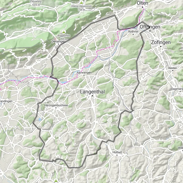 Map miniature of "The Rohrbachgraben Ride" cycling inspiration in Nordwestschweiz, Switzerland. Generated by Tarmacs.app cycling route planner