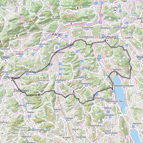 Map miniature of "The Lenzburg Loop" cycling inspiration in Nordwestschweiz, Switzerland. Generated by Tarmacs.app cycling route planner