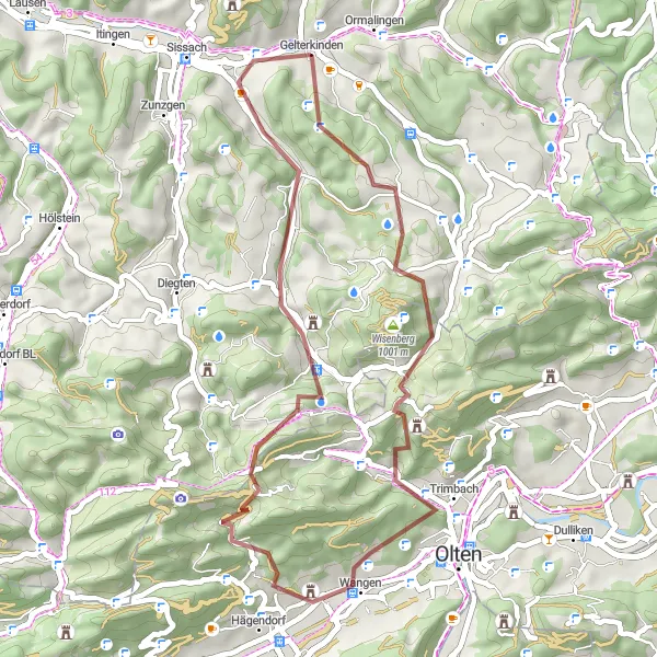Karttaminiaatyyri "Rauhallinen maisema-ajelu Baselin alueella" pyöräilyinspiraatiosta alueella Nordwestschweiz, Switzerland. Luotu Tarmacs.app pyöräilyreittisuunnittelijalla