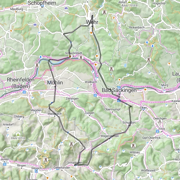 Map miniature of "Wehr to Schwörstadt scenic road route" cycling inspiration in Nordwestschweiz, Switzerland. Generated by Tarmacs.app cycling route planner