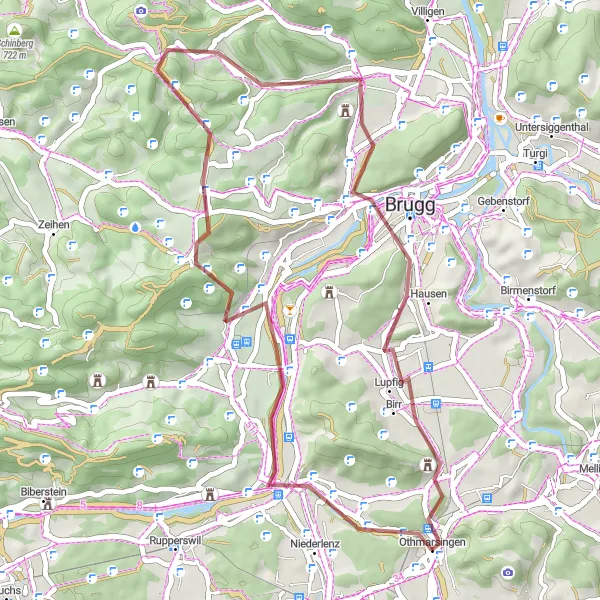 Mapa miniatúra "Gravelová okružná cyklistická trasa okolo Othmarsingenu" cyklistická inšpirácia v Nordwestschweiz, Switzerland. Vygenerované cyklistickým plánovačom trás Tarmacs.app