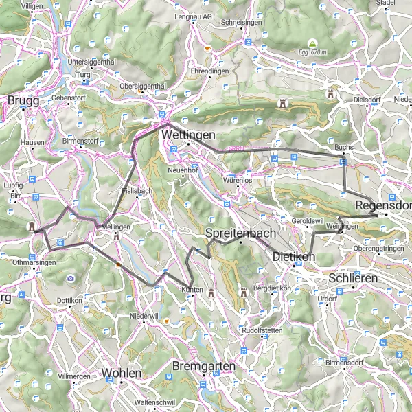 Miniatuurkaart van de fietsinspiratie "Wettingen to Tägerig Road Cycling Route" in Nordwestschweiz, Switzerland. Gemaakt door de Tarmacs.app fietsrouteplanner