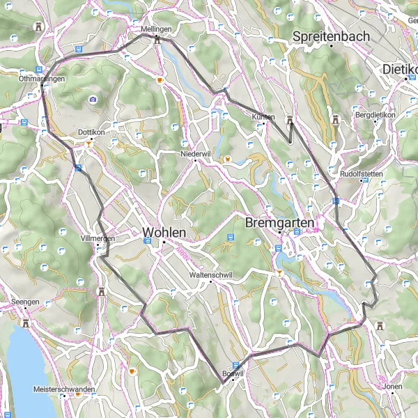 Zemljevid v pomanjšavi "Kolesarska pot okoli Othmarsingena - cesta" kolesarske inspiracije v Nordwestschweiz, Switzerland. Generirano z načrtovalcem kolesarskih poti Tarmacs.app