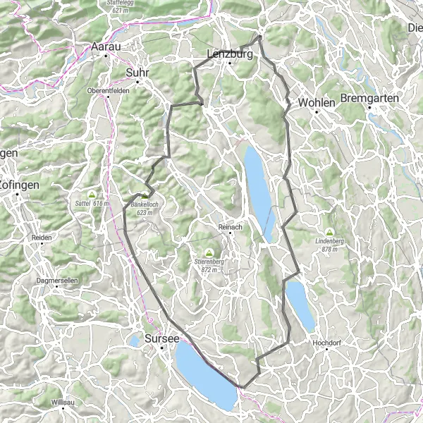 Karttaminiaatyyri "Pitkä maantiepyöräreitti lähistöllä" pyöräilyinspiraatiosta alueella Nordwestschweiz, Switzerland. Luotu Tarmacs.app pyöräilyreittisuunnittelijalla