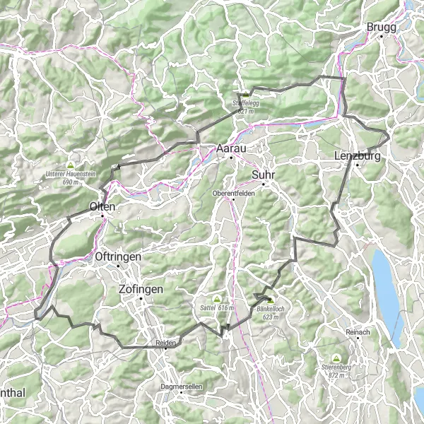 Miniatua del mapa de inspiración ciclista "Ruta ciclista de larga distancia Othmarsingen - Holderbank" en Nordwestschweiz, Switzerland. Generado por Tarmacs.app planificador de rutas ciclistas