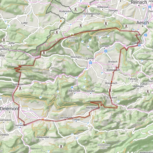 Miniatura della mappa di ispirazione al ciclismo "Giro in bici per la natura intorno a Pfeffingen" nella regione di Nordwestschweiz, Switzerland. Generata da Tarmacs.app, pianificatore di rotte ciclistiche