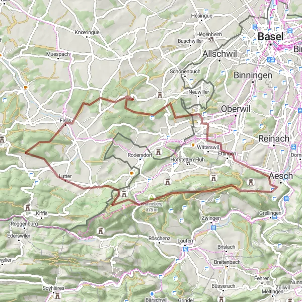 Zemljevid v pomanjšavi "Pfeffingen - Aesch Scenic Gravel Ride" kolesarske inspiracije v Nordwestschweiz, Switzerland. Generirano z načrtovalcem kolesarskih poti Tarmacs.app