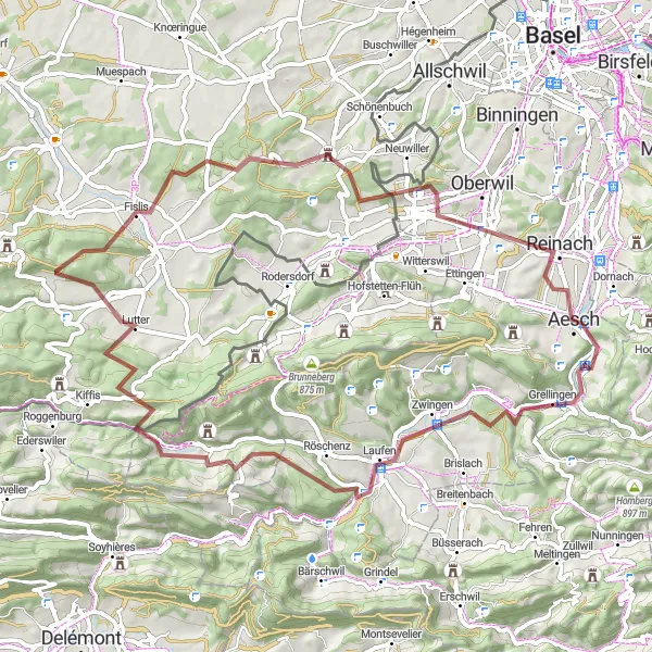 Miniatura della mappa di ispirazione al ciclismo "Passeggiata panoramica in mountain bike da Laufen a Reinach" nella regione di Nordwestschweiz, Switzerland. Generata da Tarmacs.app, pianificatore di rotte ciclistiche