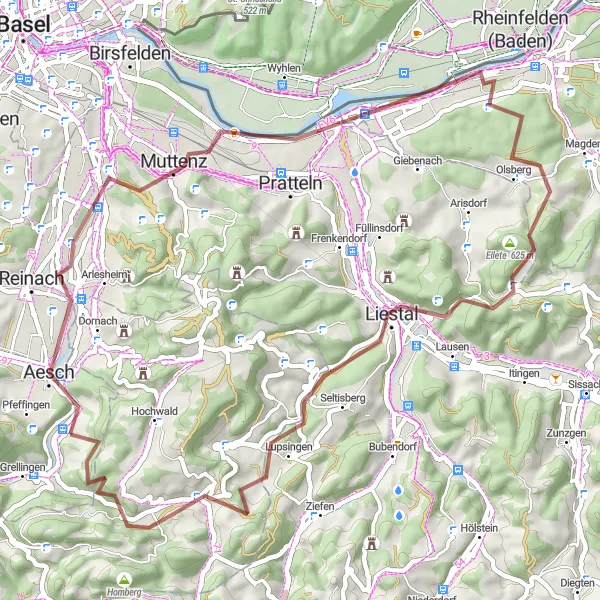 Miniatura della mappa di ispirazione al ciclismo "Tour in bicicletta da Muttenz a Duggingen" nella regione di Nordwestschweiz, Switzerland. Generata da Tarmacs.app, pianificatore di rotte ciclistiche