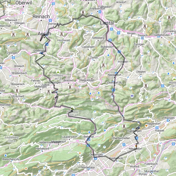 Kartminiatyr av "Landeveistur til Aesch og Horn" sykkelinspirasjon i Nordwestschweiz, Switzerland. Generert av Tarmacs.app sykkelrutoplanlegger