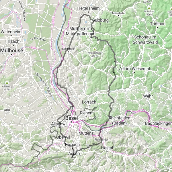 Kartminiatyr av "Lang sykkeltur gjennom Sveits og Tyskland" sykkelinspirasjon i Nordwestschweiz, Switzerland. Generert av Tarmacs.app sykkelrutoplanlegger