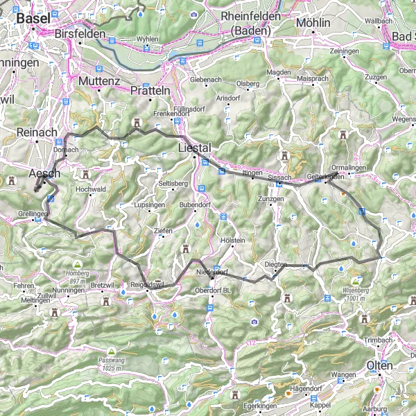 Karttaminiaatyyri "Maantiereitti Liestaliin" pyöräilyinspiraatiosta alueella Nordwestschweiz, Switzerland. Luotu Tarmacs.app pyöräilyreittisuunnittelijalla