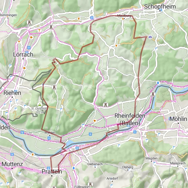 Miniaturní mapa "Gravel cyklotrasa kolem Pratteln" inspirace pro cyklisty v oblasti Nordwestschweiz, Switzerland. Vytvořeno pomocí plánovače tras Tarmacs.app