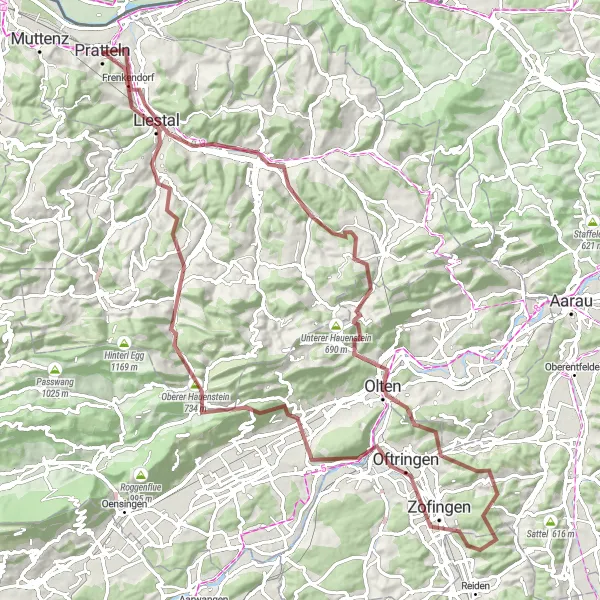 Miniaturekort af cykelinspirationen "Udfordrende gravelcykling gennem imponerende natur" i Nordwestschweiz, Switzerland. Genereret af Tarmacs.app cykelruteplanlægger