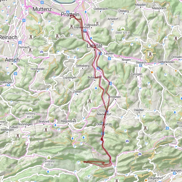 Map miniature of "Liestal and Surroundings Gravel Route" cycling inspiration in Nordwestschweiz, Switzerland. Generated by Tarmacs.app cycling route planner