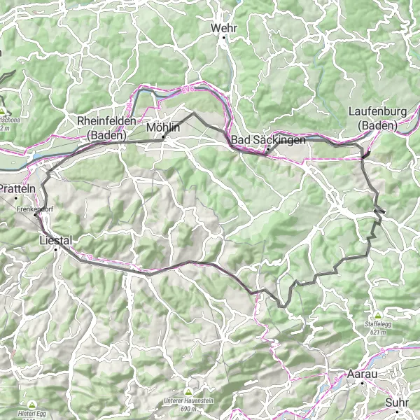 Mapa miniatúra "Jazda okolo Pratteln cez Rheinfelden a Bad Säckingen" cyklistická inšpirácia v Nordwestschweiz, Switzerland. Vygenerované cyklistickým plánovačom trás Tarmacs.app
