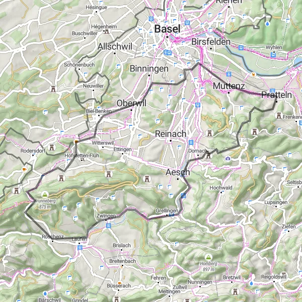 Miniatua del mapa de inspiración ciclista "Ruta Escénica de Carretera desde Pratteln" en Nordwestschweiz, Switzerland. Generado por Tarmacs.app planificador de rutas ciclistas