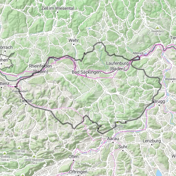 Mapa miniatúra "Cyklotúra cez Grünegg Passhöhe a Ergolz-Wasserfall" cyklistická inšpirácia v Nordwestschweiz, Switzerland. Vygenerované cyklistickým plánovačom trás Tarmacs.app
