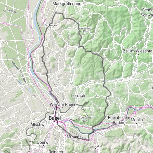 Karttaminiaatyyri "Maaginen Pyöräilyretki Sveitsin ja Saksan rajalla" pyöräilyinspiraatiosta alueella Nordwestschweiz, Switzerland. Luotu Tarmacs.app pyöräilyreittisuunnittelijalla