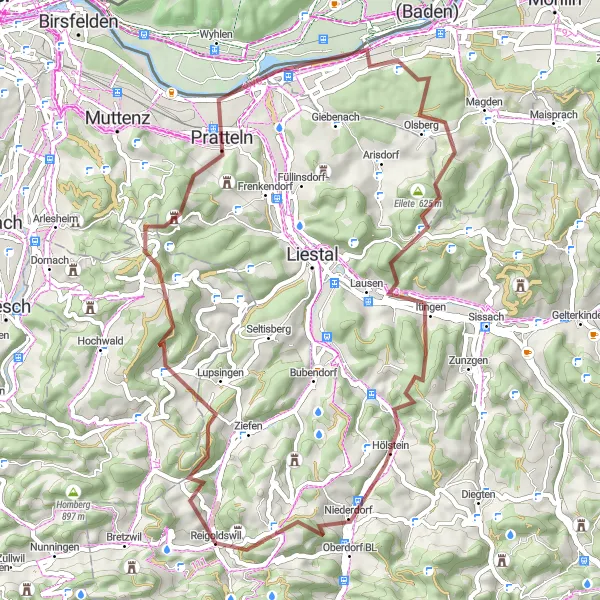 Karttaminiaatyyri "Bürenfluen ympäri kulkeva hiekkatiepyöräreitti" pyöräilyinspiraatiosta alueella Nordwestschweiz, Switzerland. Luotu Tarmacs.app pyöräilyreittisuunnittelijalla