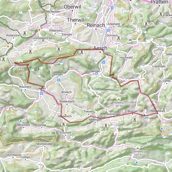 Mapa miniatúra "Gravelová trasa cez Bretzwil a Aesch" cyklistická inšpirácia v Nordwestschweiz, Switzerland. Vygenerované cyklistickým plánovačom trás Tarmacs.app